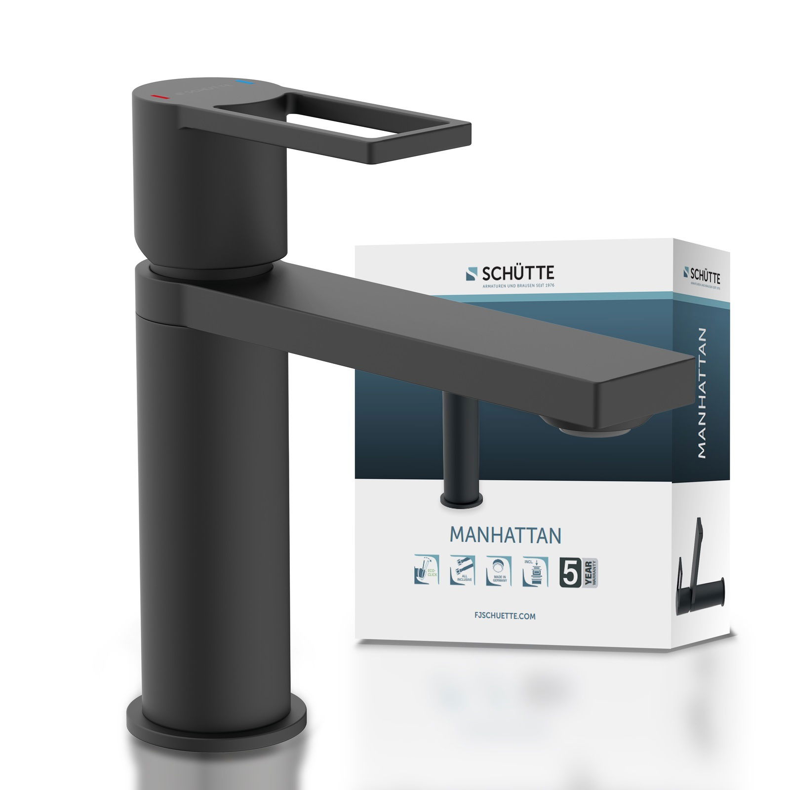 Moderne schwarze Waschtischarmatur in seitlicher Perspektive mit Verpackung im Hintergrund.