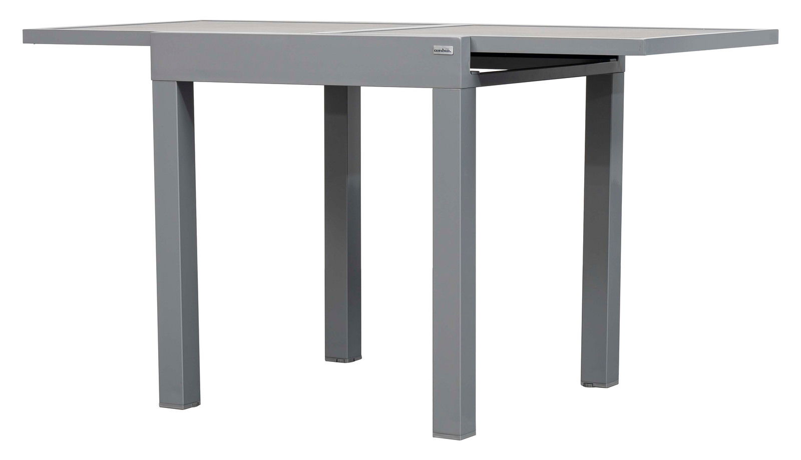 Moderner grauer Gartentisch aus Metall, seitliche Perspektive