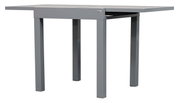 Moderner grauer Gartentisch aus Metall, seitliche Perspektive