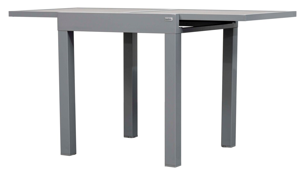 Moderner grauer Gartentisch aus Metall, seitliche Perspektive