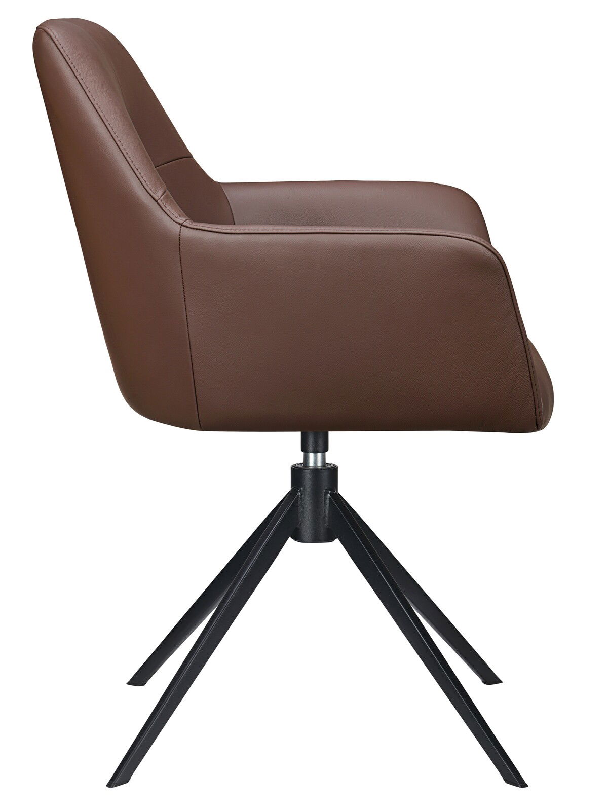 Seitenansicht eines braunen Armlehnstuhls mit schwarzem Metallgestell