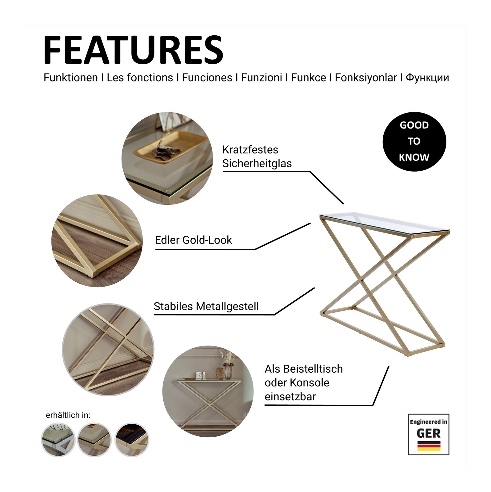 Konsole mit kratzfestem Sicherheitsglas, edlem Gold-Look und stabilem Metallgestell, seitliche Perspektive