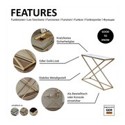 Konsole mit kratzfestem Sicherheitsglas, edlem Gold-Look und stabilem Metallgestell, seitliche Perspektive