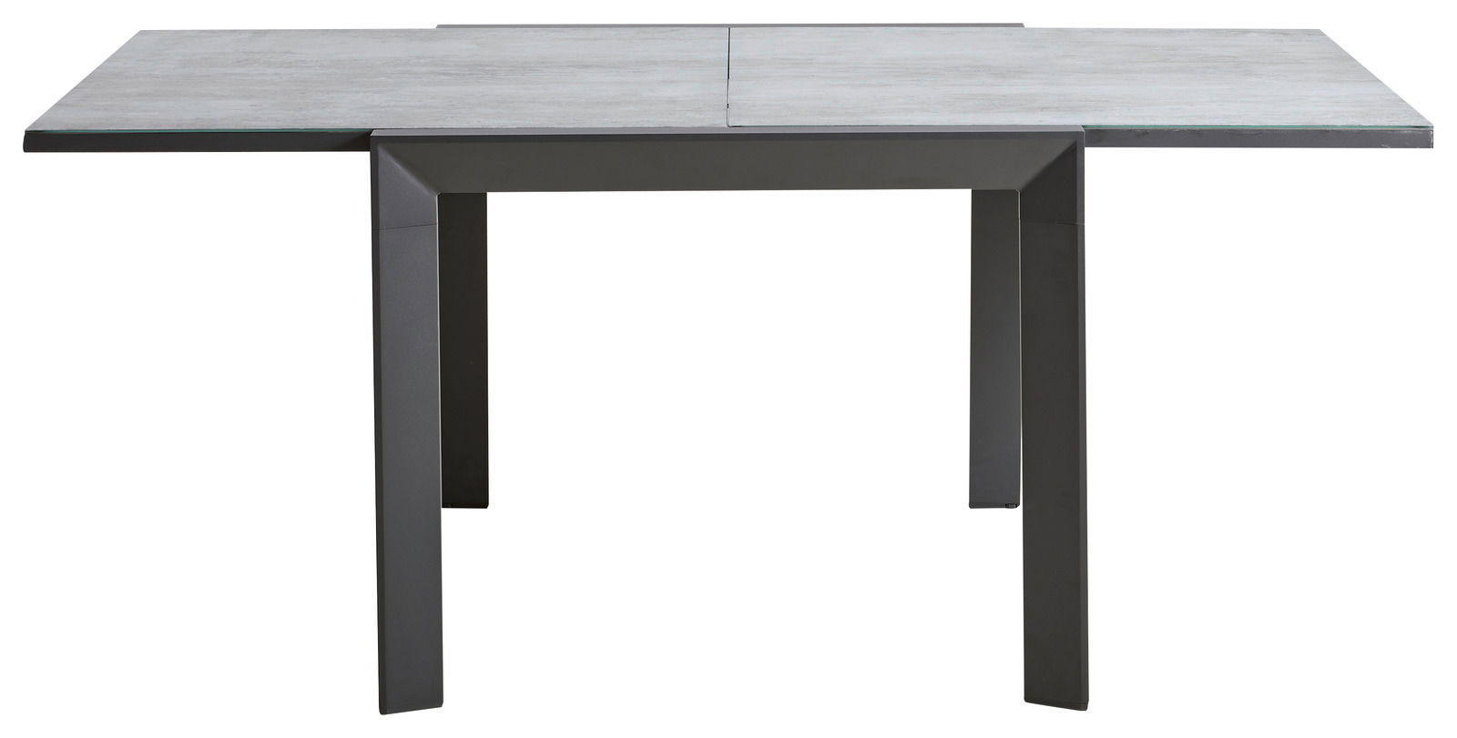 Moderner Gartentisch mit grauer Tischplatte und schwarzem Gestell, Frontalansicht