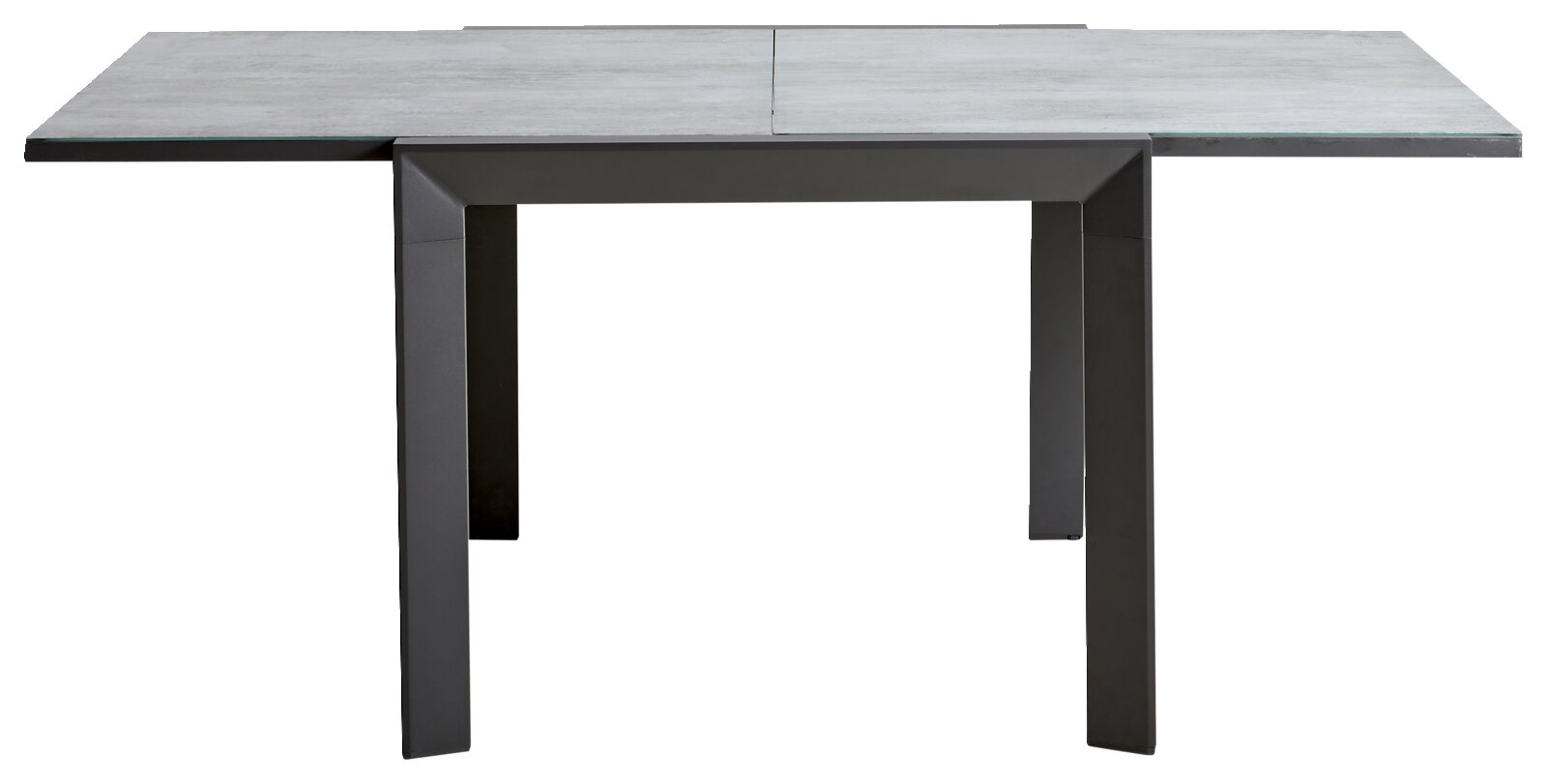 Moderne tuintafel met grijs tafelblad en zwart onderstel, vooraanzicht