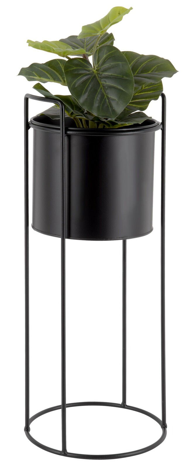 Schwarzer Pflanzkübel auf einem hohen, schlanken Metallgestell mit grüner Pflanze, seitliche Perspektive