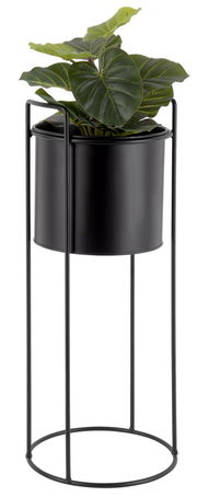 Schwarzer Pflanzkübel auf einem hohen, schlanken Metallgestell mit grüner Pflanze, seitliche Perspektive