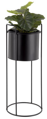 Schwarzer Pflanzkübel auf einem hohen, schlanken Metallgestell mit grüner Pflanze, seitliche Perspektive