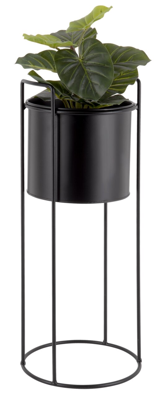 Schwarzer Pflanzkübel auf einem hohen, schlanken Metallgestell mit grüner Pflanze, seitliche Perspektive