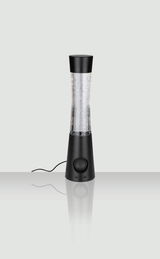 Schwarze LED-Dekoleuchte in zylindrischer Form mit transparentem Mittelteil und glitzernden Partikeln, seitliche Perspektive