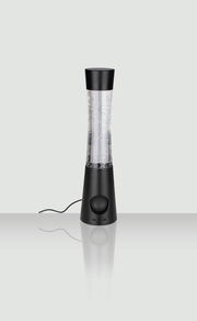 Schwarze LED-Dekoleuchte in zylindrischer Form mit transparentem Mittelteil und glitzernden Partikeln, seitliche Perspektive