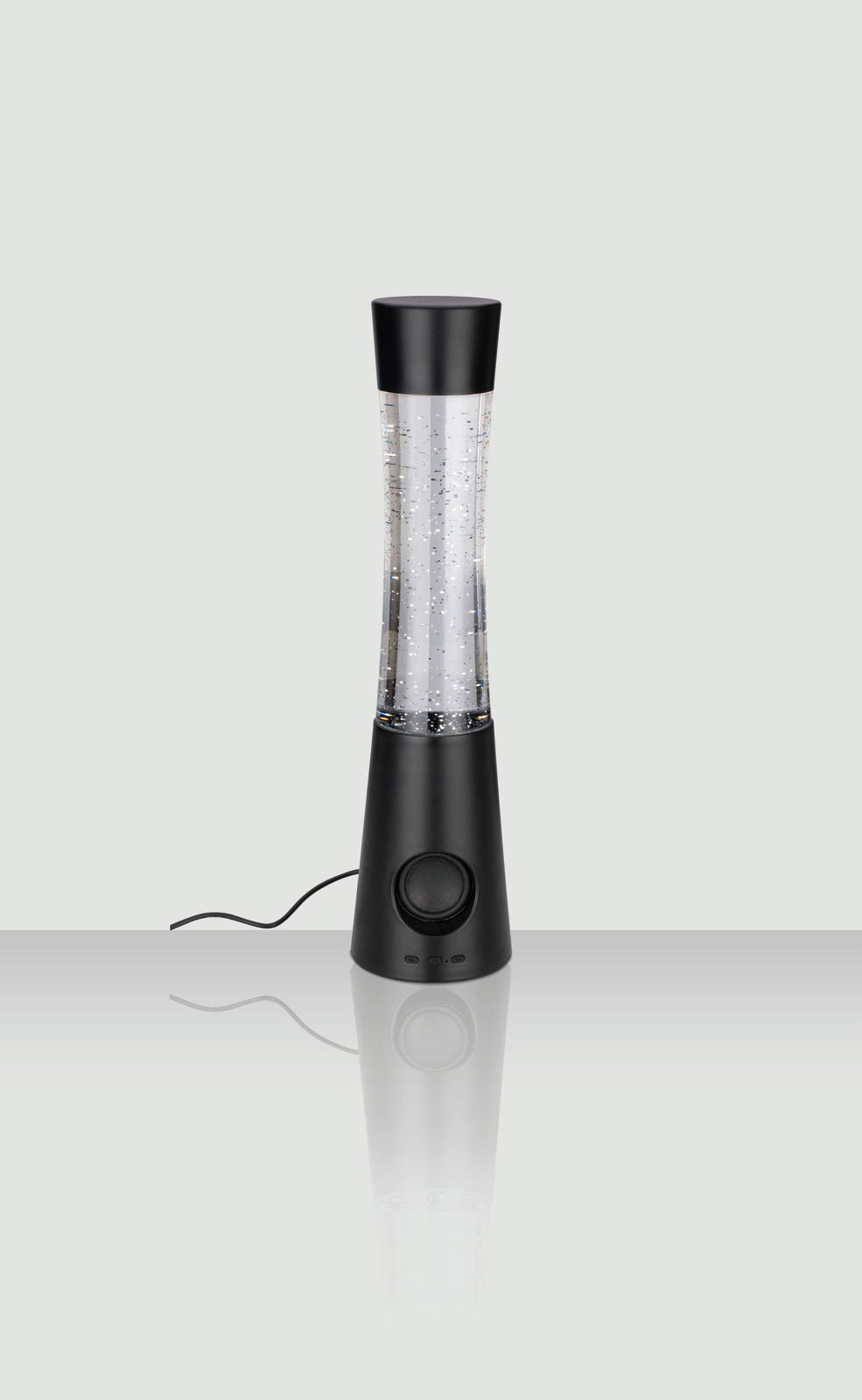 Schwarze LED-Dekoleuchte in zylindrischer Form mit transparentem Mittelteil und glitzernden Partikeln, seitliche Perspektive