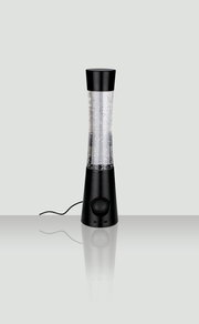 Schwarze LED-Dekoleuchte in zylindrischer Form mit transparentem Mittelteil und glitzernden Partikeln, seitliche Perspektive