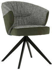 Moderner Armlehnstuhl mit grauem Stoffbezug und olivgrünen Akzenten, schwarzes Metallgestell, seitliche Perspektive