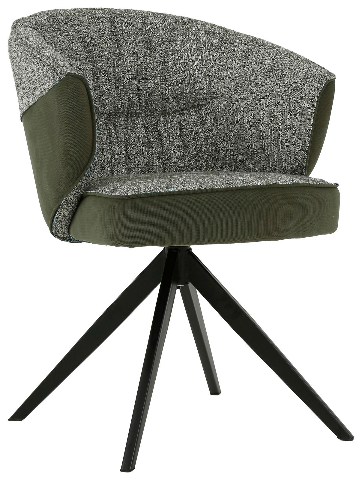 Moderner Armlehnstuhl mit grauem Stoffbezug und olivgrünen Akzenten, schwarzes Metallgestell, seitliche Perspektive