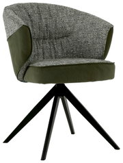 Moderne fauteuil met grijze stoffen bekleding en olijfgroene accenten, zwart metalen frame, zijaanzicht
