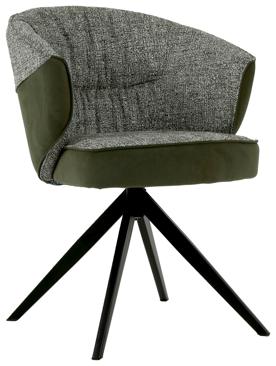 Moderne fauteuil met grijze stoffen bekleding en olijfgroene accenten, zwart metalen frame, zijaanzicht