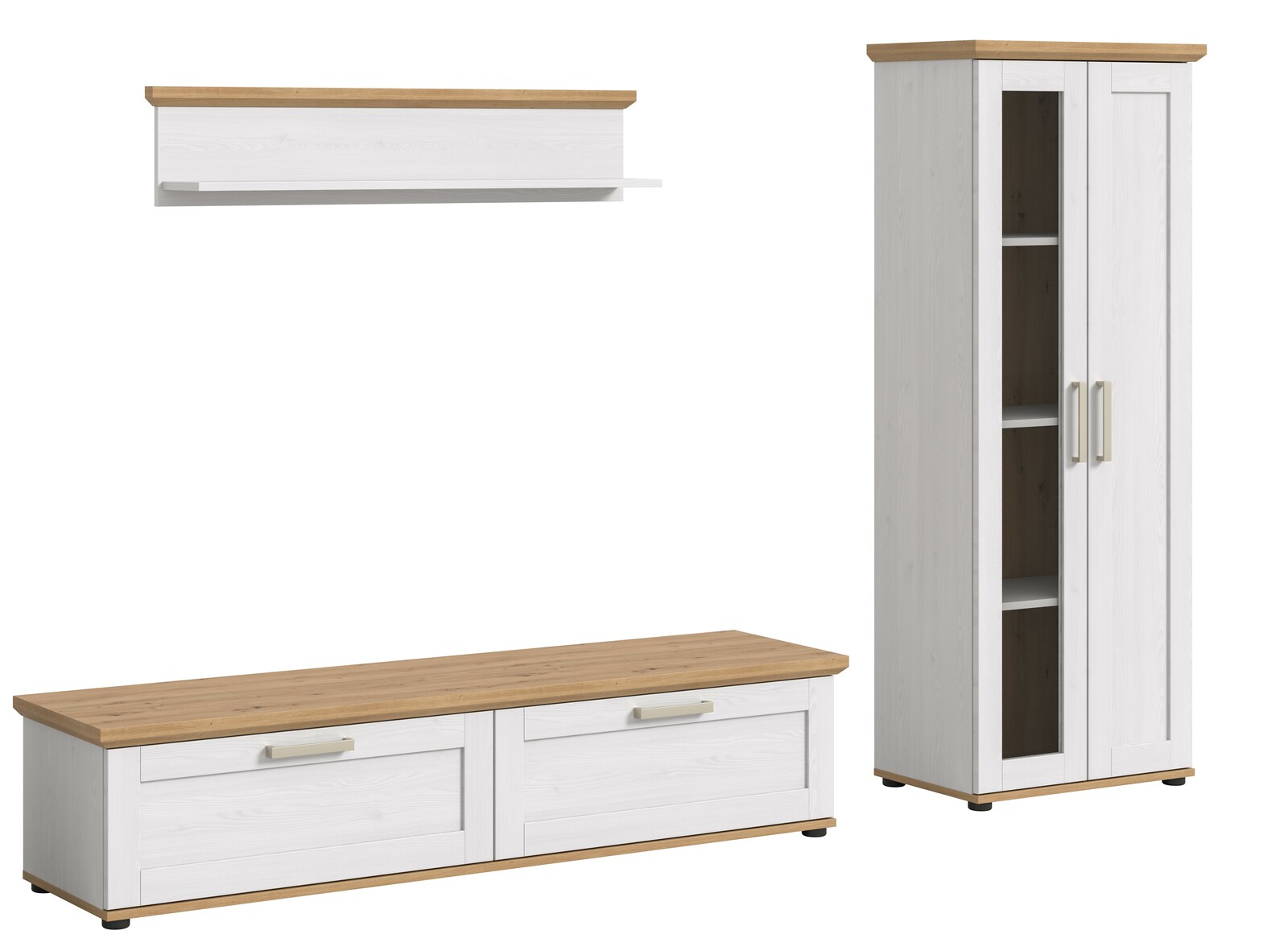 Wohnkombination in Weiß mit Holzoberflächen, bestehend aus einem hohen Schrank mit Glastüren, einem niedrigen TV-Schrank mit Schubladen und einem Wandregal. Frontalansicht.