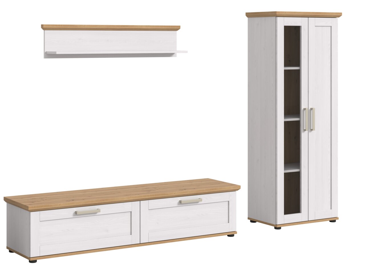 Wohnkombination in Weiß mit Holzoberflächen, bestehend aus einem hohen Schrank mit Glastüren, einem niedrigen TV-Schrank mit Schubladen und einem Wandregal. Frontalansicht.