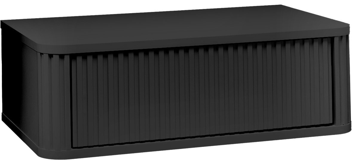 Z2 Nachtkommode GARI Schwarze, rechteckige Aufbewahrungsbox mit geriffelter Front und flachem Deckel, in schräger Frontansicht von oben freigestellt auf weißem Hintergrund