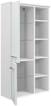 Moderner weißer Midischrank mit offenen Türen, seitliche Perspektive