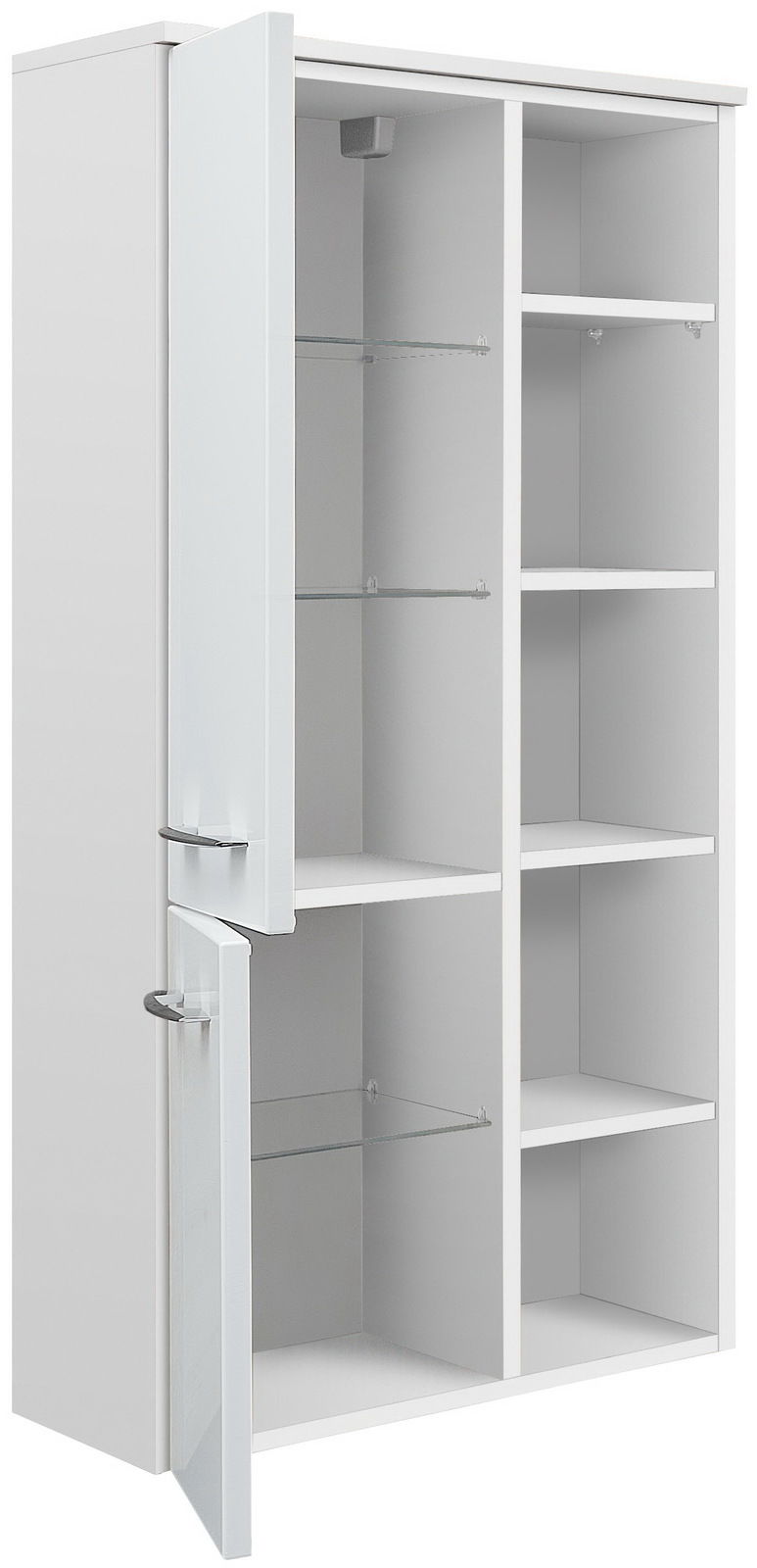 Moderner weißer Midischrank mit offenen Türen, seitliche Perspektive