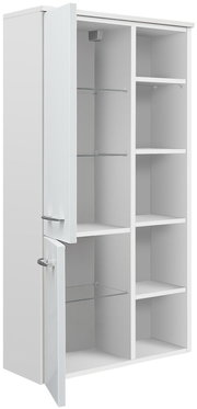 Moderner weißer Midischrank mit offenen Türen, seitliche Perspektive