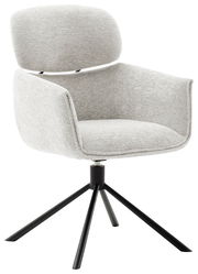 Moderner grauer Sessel mit gepolsterter Rückenlehne und Armlehnen, auf schwarzem Metallgestell, seitliche Perspektive