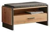 Sitzbank aus Holz mit schwarzem Polster, Schublade und Ablagefach, seitliche Perspektive