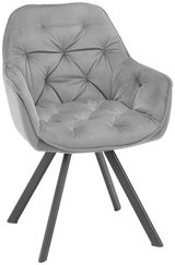 Grauer Armlehnstuhl mit gepolsterter Sitzfläche und Rückenlehne, aus seitlicher Perspektive fotografiert.