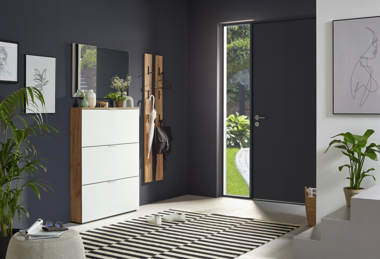 Moderner Eingangsbereich mit Garderobenpaneel, Schuhschrank und Spiegel, seitliche Perspektive