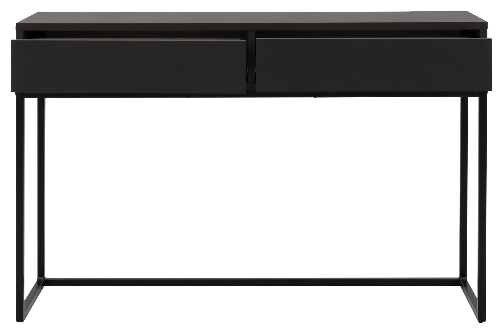 Schwarze Konsole mit zwei Schubladen, frontal betrachtet