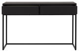 Schwarze Konsole mit zwei Schubladen, frontal betrachtet