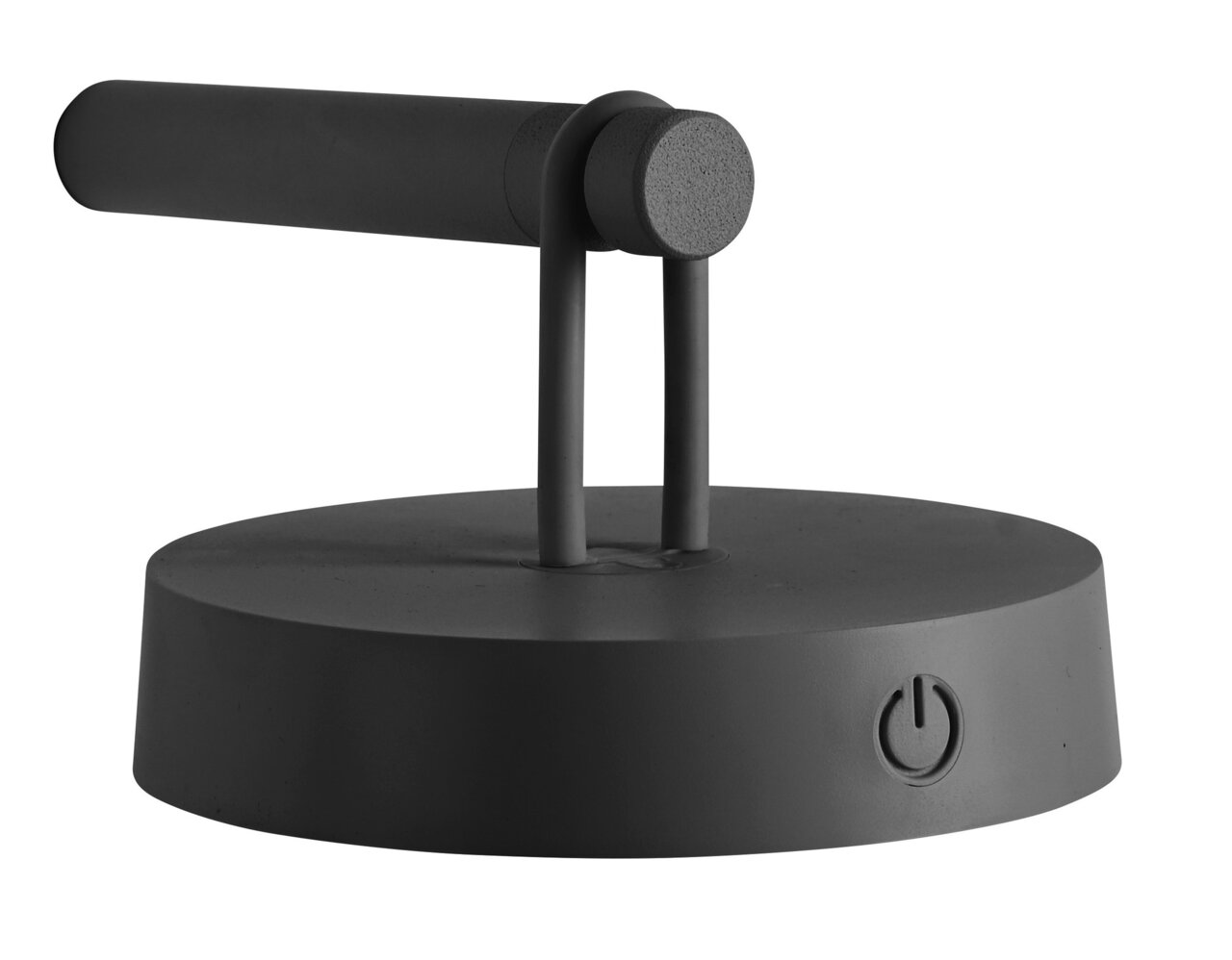 Schwarze Wandleuchte ARMA mit rundem Sockel und seitlichem Ein-/Ausschalter, seitliche Perspektive