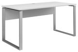 Moderner weißer Schreibtisch mit Metallrahmen, seitliche Perspektive