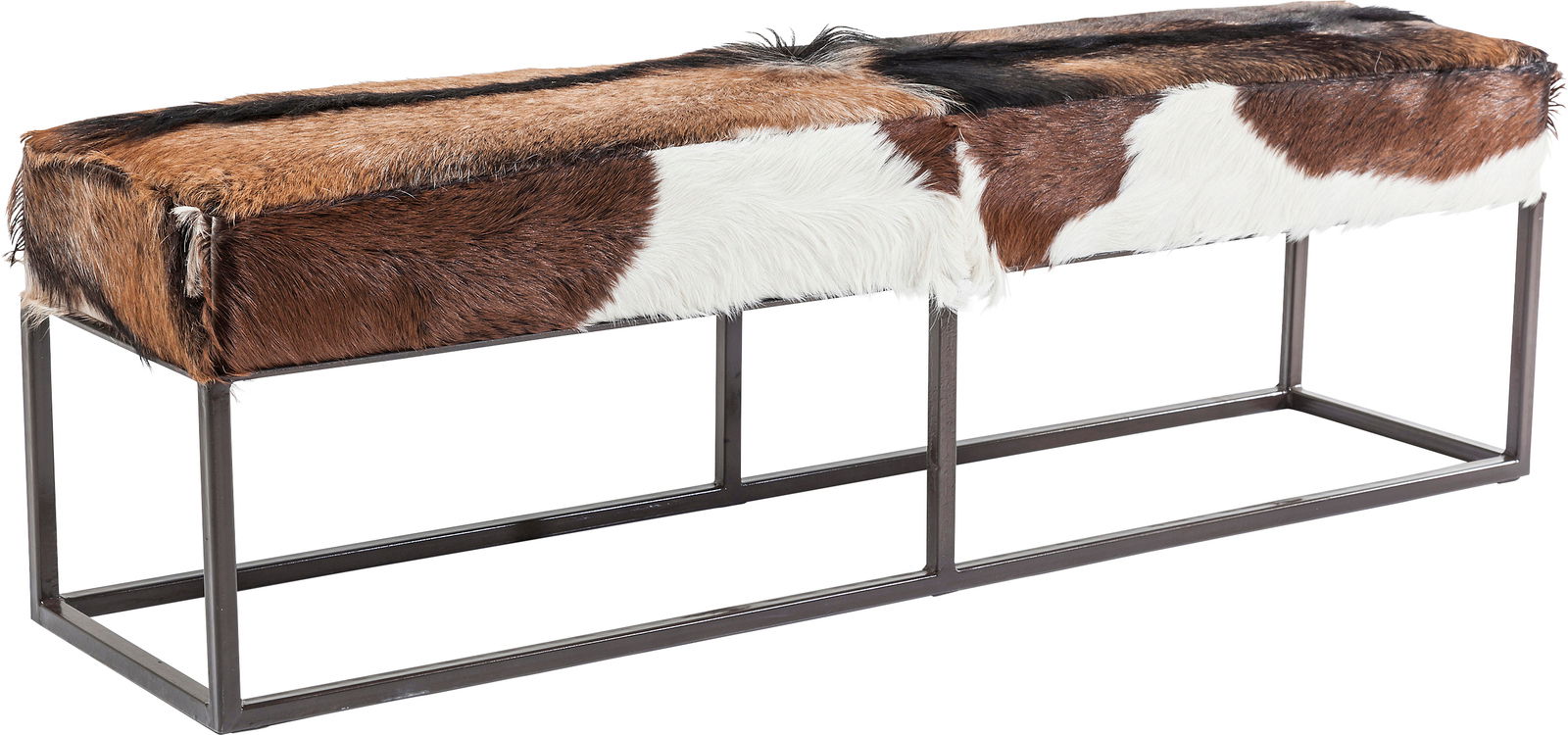 Bank mit Kuhfellbezug und Metallrahmen, seitliche Perspektive