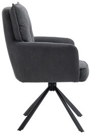 Grauer Sessel mit geripptem Stoffbezug, seitliche Ansicht, auf schwarzem Metallgestell.