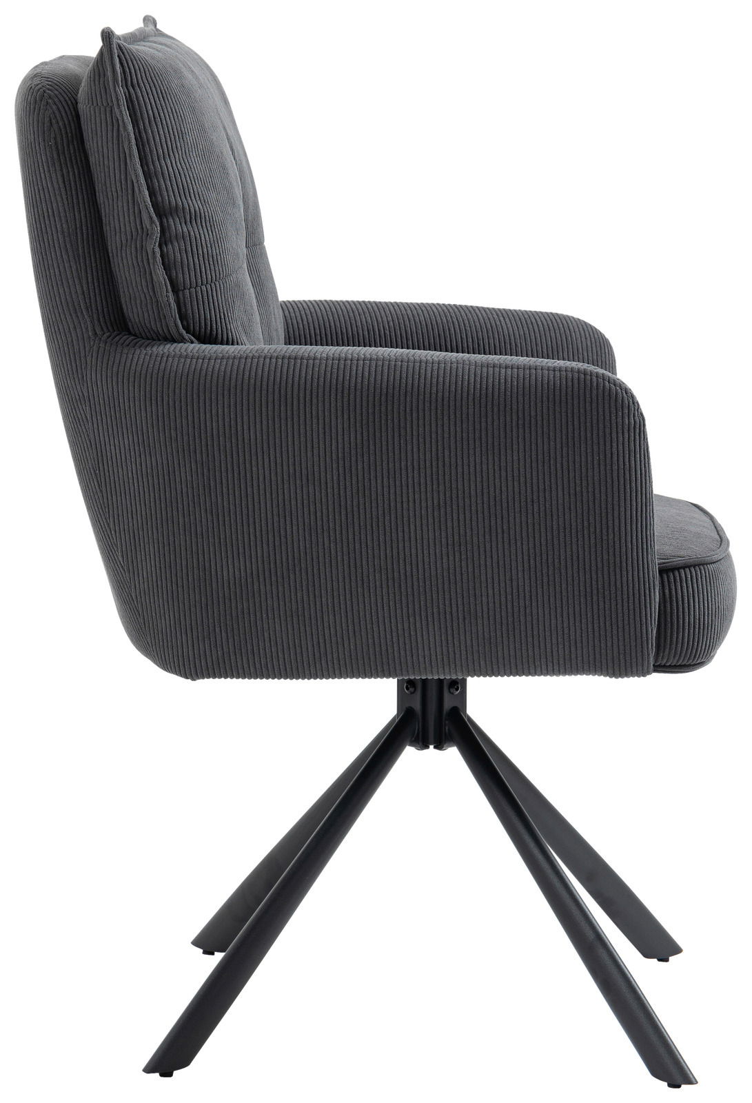 Grauer Sessel mit geripptem Stoffbezug, seitliche Ansicht, auf schwarzem Metallgestell.