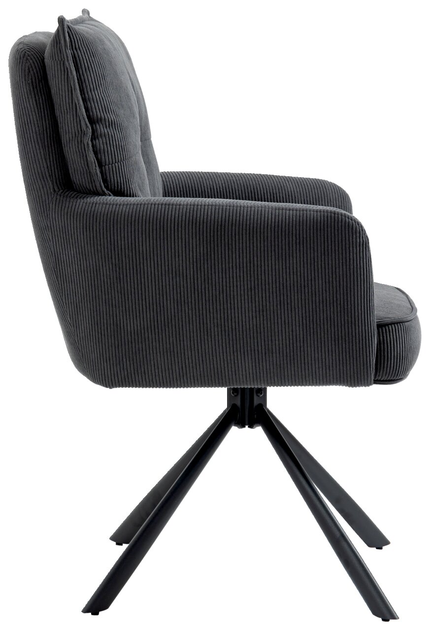 Grauer Sessel mit geripptem Stoffbezug, seitliche Ansicht, auf schwarzem Metallgestell.