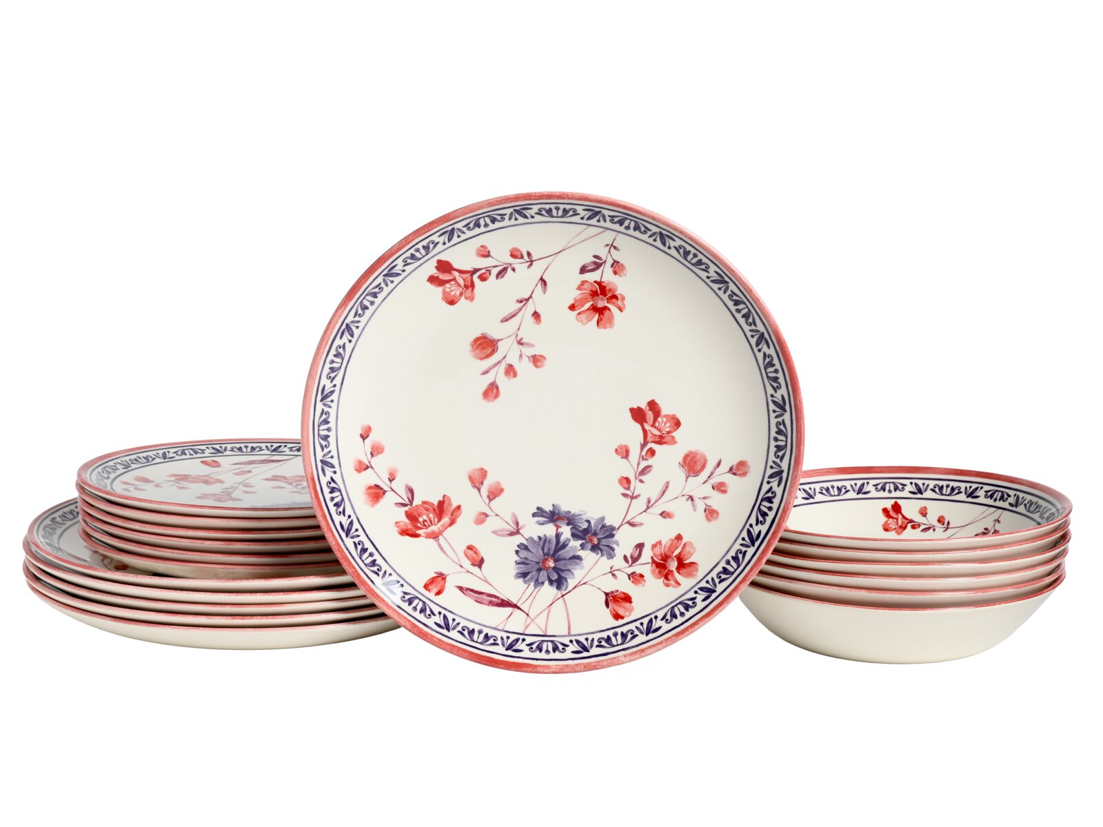 creaTable Tellerset 18-tlg COTTAGE Keramik-Geschirrset mit floralem Muster in Rot und Blau, bestehend aus flachen Tellern und Schalen, frontal in leichter Schrägansicht auf weißem Hintergrund präsentiert