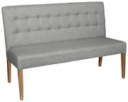 Graue Polsterbank mit Holzbeinen, seitliche Perspektive