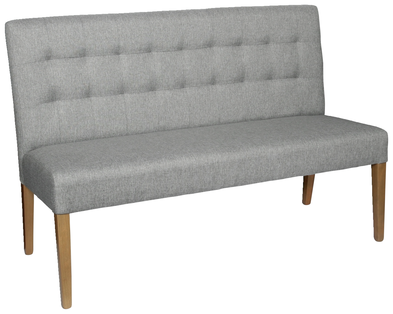 Graue Polsterbank mit Holzbeinen, seitliche Perspektive