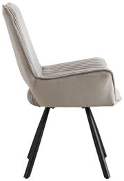 Seitenansicht eines modernen Armlehnstuhls mit hellgrauem Stoffbezug und schwarzen Metallbeinen.