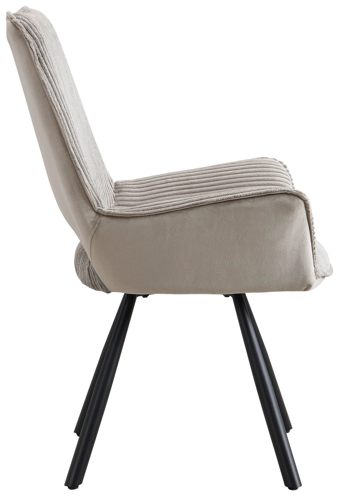 Seitenansicht eines modernen Armlehnstuhls mit hellgrauem Stoffbezug und schwarzen Metallbeinen.