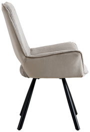 Seitenansicht eines modernen Armlehnstuhls mit hellgrauem Stoffbezug und schwarzen Metallbeinen.