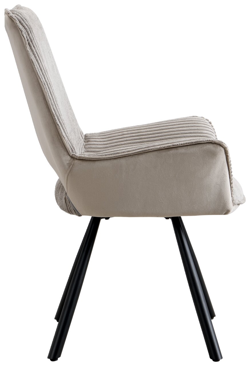 Zijaanzicht van een moderne fauteuil met een lichtgrijze stoffen bekleding en zwarte metalen poten.