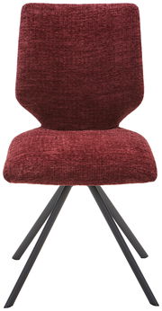 Moderner Stuhl mit bordeauxrotem Stoffbezug und schwarzen Metallbeinen, Frontalansicht.