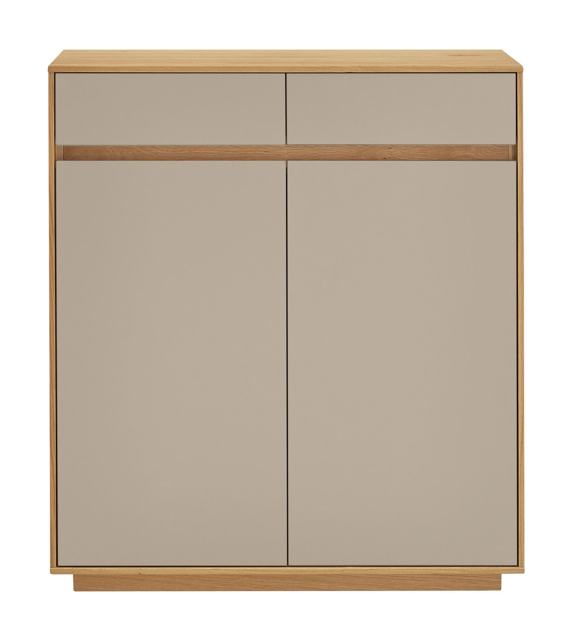 Frontale Ansicht einer modernen Kommode mit zwei Schubladen und zwei Türen in Holzoptik und neutralem Farbton.