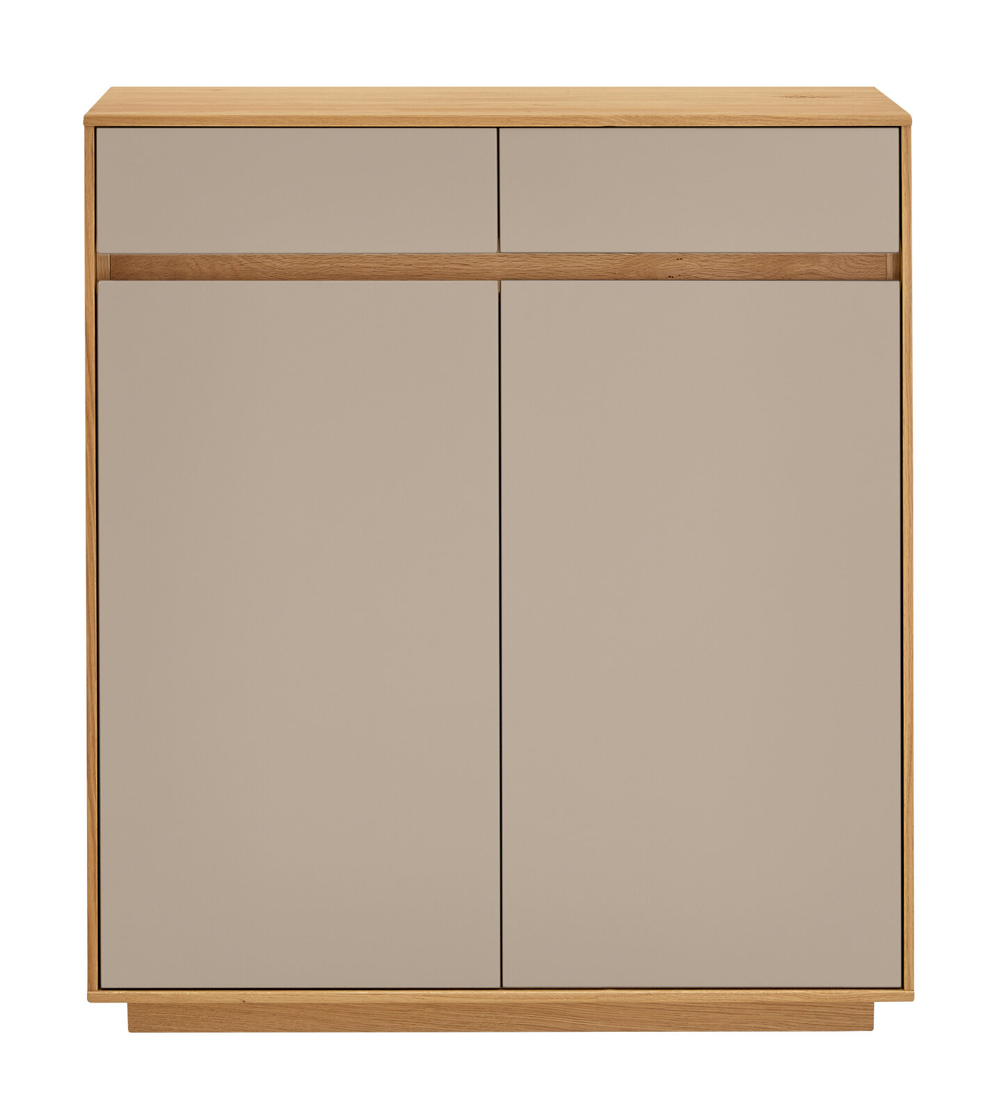 Frontale Ansicht einer modernen Kommode mit zwei Schubladen und zwei Türen in Holzoptik und neutralem Farbton.