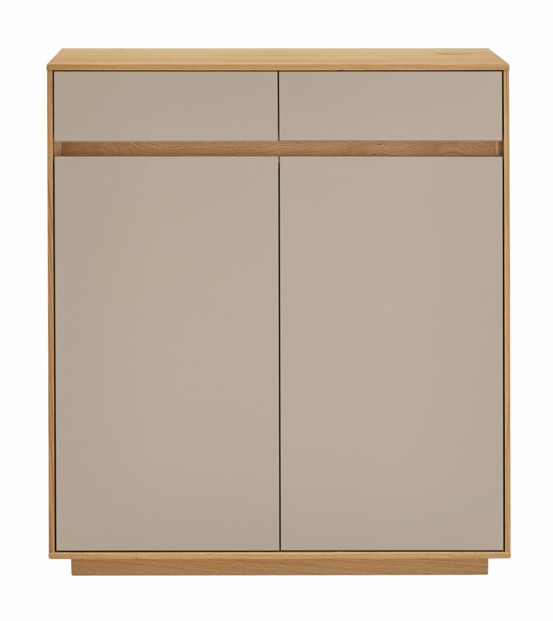 Frontale Ansicht einer modernen Kommode mit zwei Schubladen und zwei Türen in Holzoptik und neutralem Farbton.